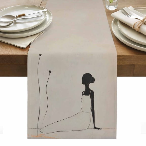 Woman Silhouette Table Runner, Minimalist Feminine Flower Stem Line Art Washable Kitchen Table Runners Dress Scarves for Dining Table Decorations Party/Restaurant/Indoor Outdoor Use, 13x36in