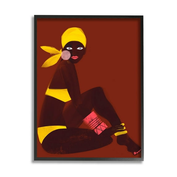 Woman Sitting Yellow Swimsuit Abstract Graphic Art Black Framed Art Print Wall Art