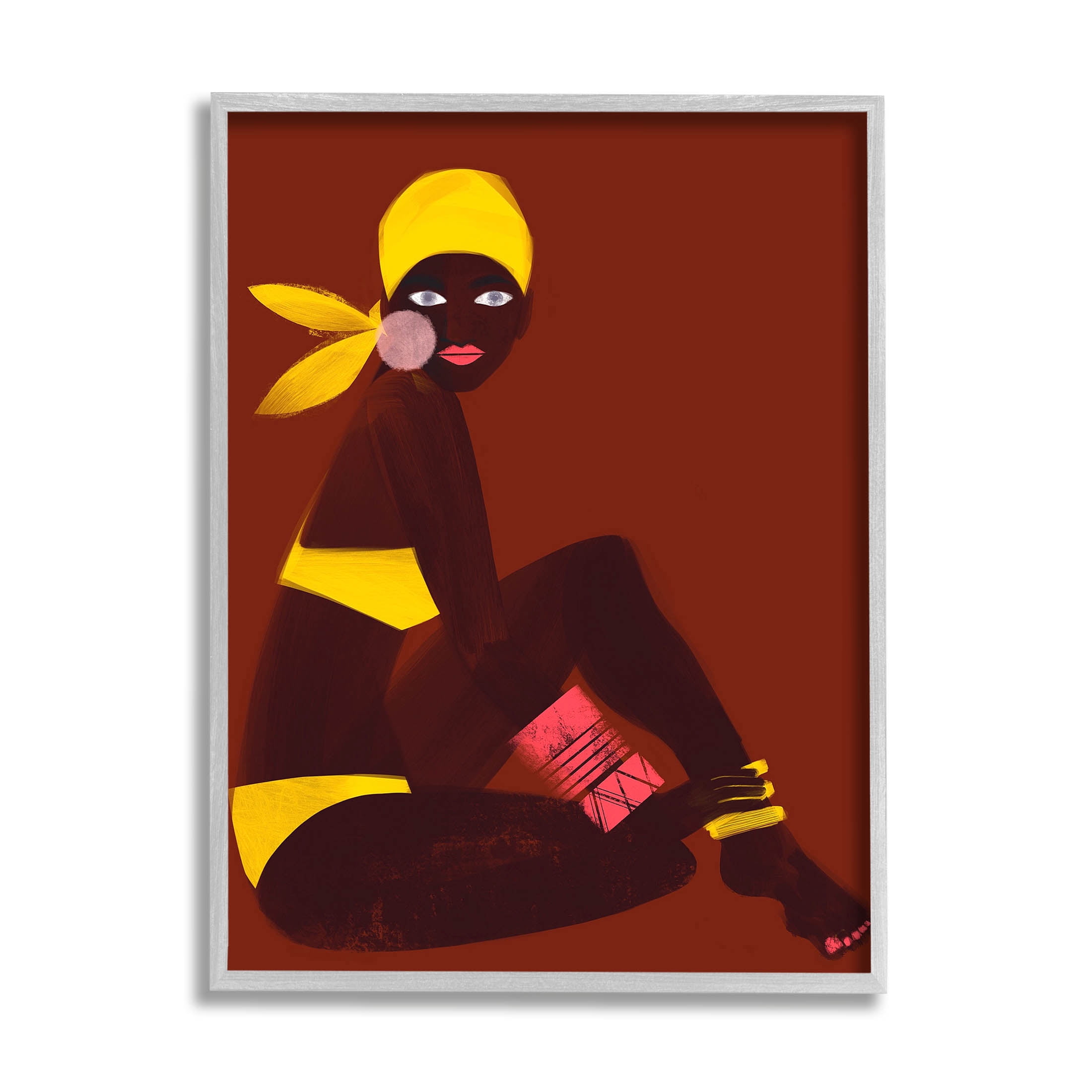 Woman Sitting Yellow Swimsuit Abstract Graphic Art Gray Framed Art Print Wall Art