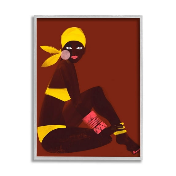 Woman Sitting Yellow Swimsuit Abstract Graphic Art Gray Framed Art Print Wall Art