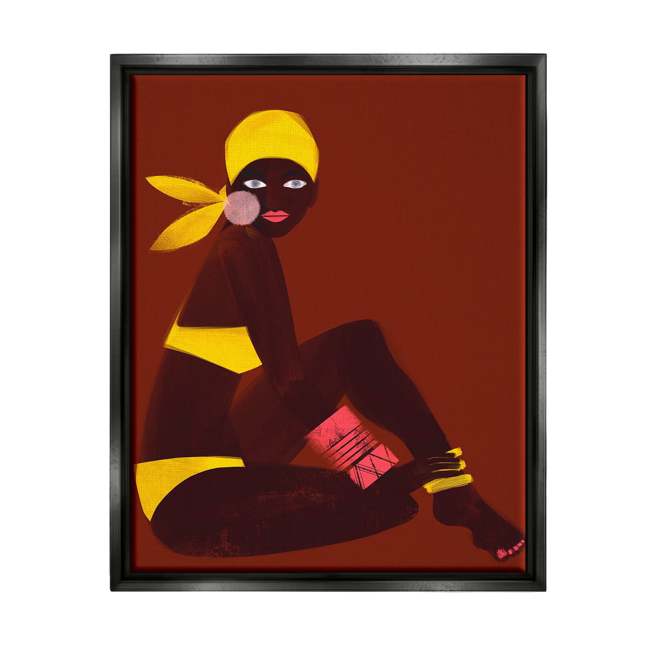 Woman Sitting Yellow Swimsuit Abstract Graphic Art Jet Black Framed Art Print Wall Art