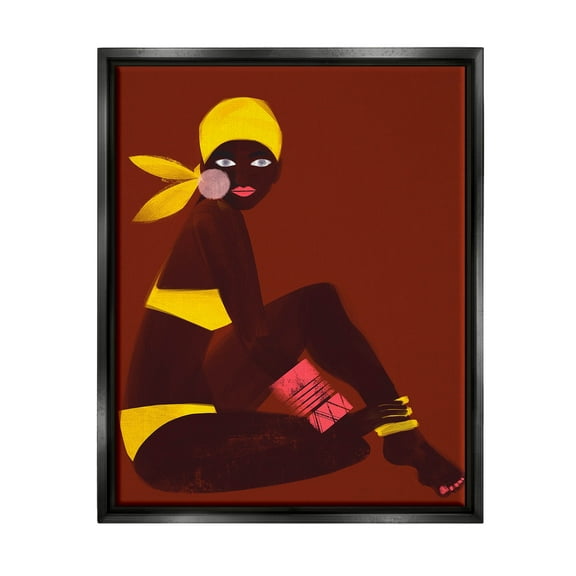 Woman Sitting Yellow Swimsuit Abstract Graphic Art Jet Black Framed Art Print Wall Art