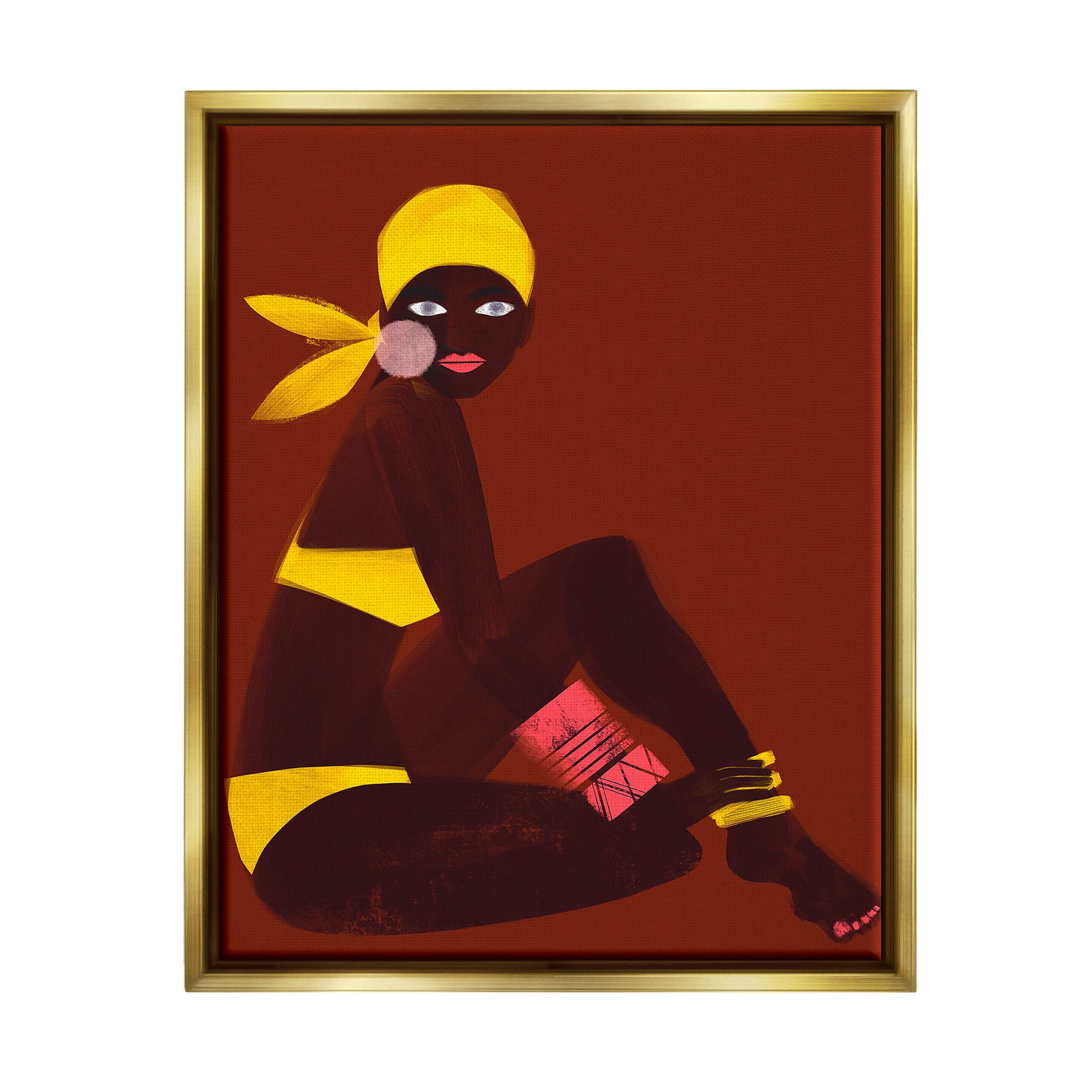 Woman Sitting Yellow Swimsuit Abstract Graphic Art Metallic Gold Framed Art Print Wall Art