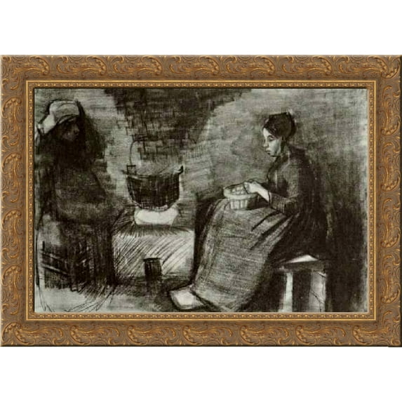 Woman, Sitting by the Fire, Peeling Potatoes, Sketch of a Second Figure 24x18 Gold Ornate Wood Framed Canvas Art by Vincent van Gogh