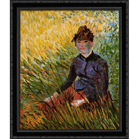 Woman Sitting in the Grass 28x34 Large Black Ornate Wood Framed Canvas Art by Vincent van Gogh