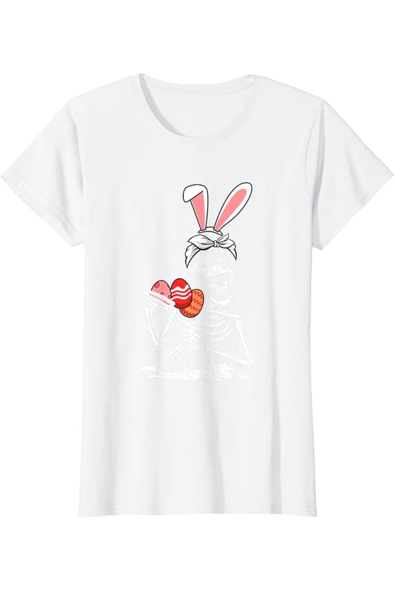 Woman Skeleton Bunny Ears Egg Hunting Easter Bones Spring T-Shirt