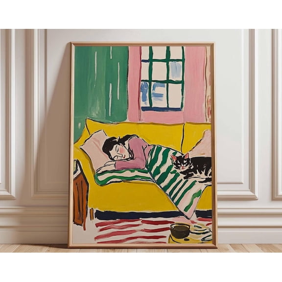 Woman Sleeping Cat And Couch Wall Art Print, Unframed Paper Poster 24x36in