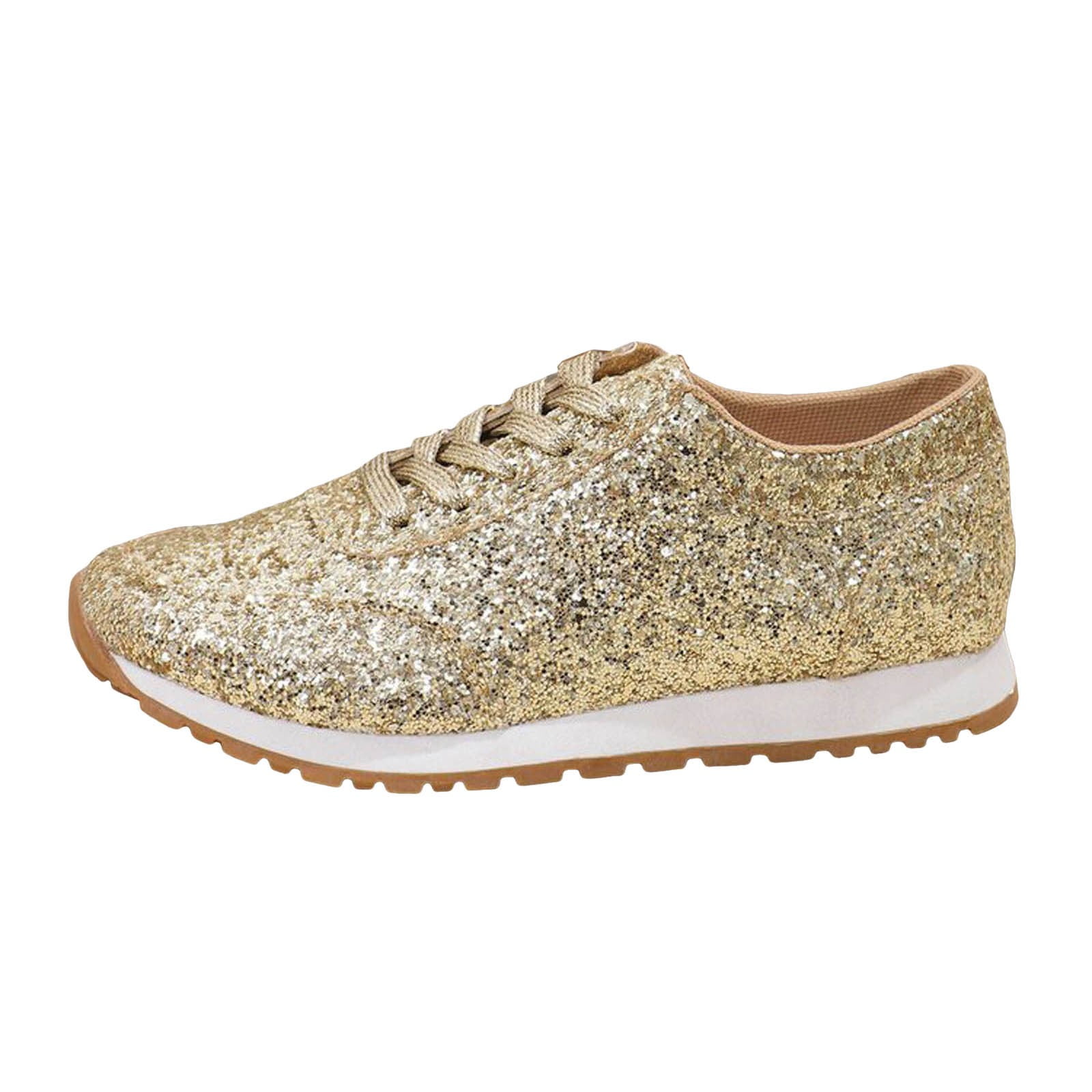 Woman Sneakers Women's Fashion Sequins Casual Lace Up Sport Shoes Sneakers Glitter Breathable Bling Ladies Running Shoes Female Womens Sneakers Shoes(Gold,8)