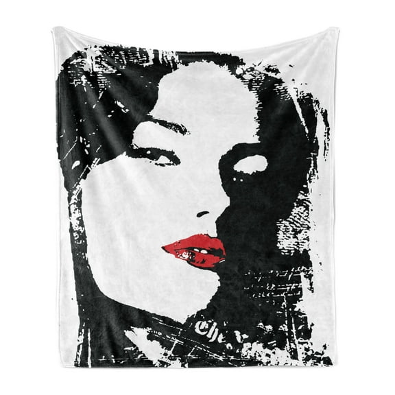 Woman Soft Flannel Fleece Throw Blanket, Funny Seductive Woman Cool Silhouette with Feminine Style, Cozy Plush for Indoor and Outdoor Use, 50" x 60", Black Vermilion, by Ambesonne