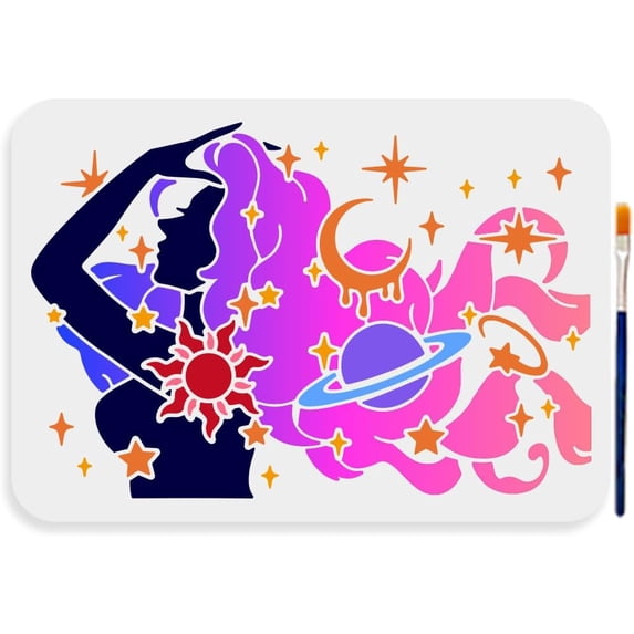 Woman Space Stencils 11.7×8.3inch Large Ladies Curly Hair Planet Stencil with Paint Brush Dreamy Space Universe Star Moon Girl Drawing Stencil for Gift Decor Wood Canvas Wall Furniture