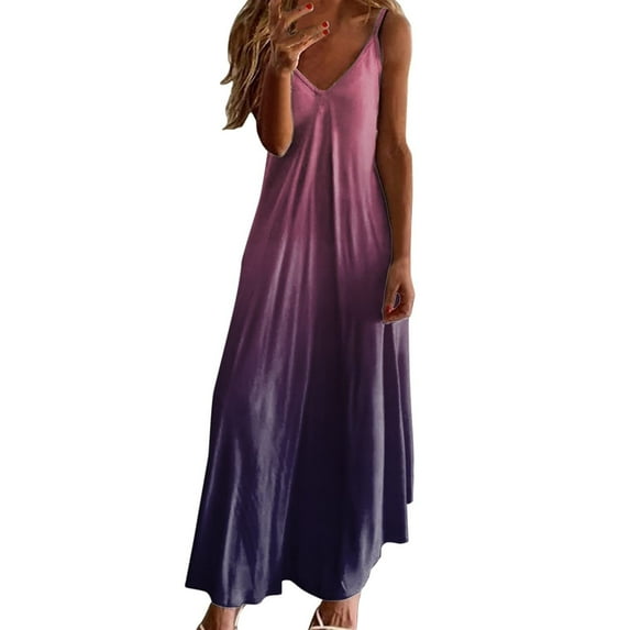 Woman Spaghetti Strap Maxi Dress V Neck Gradient/Floral Print Beach Long Dress Casual Sundresses Summer 2024 (XXL, Purple)