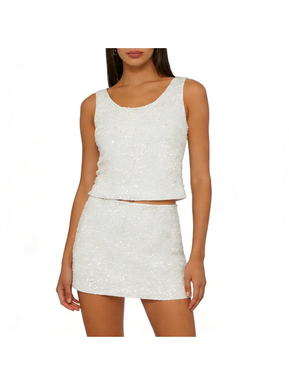 Woman Sparkly Sequin Two Piece Skirt Outfits Summer Sleeveless Cami Crop Top S`exy Bodycon Mini Skirt Sets
