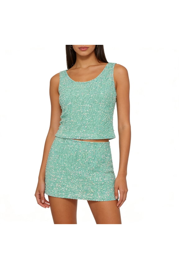 Woman Sparkly Sequin Two Piece Skirt Outfits Summer Sleeveless Cami Crop Top S`exy Bodycon Mini Skirt Sets
