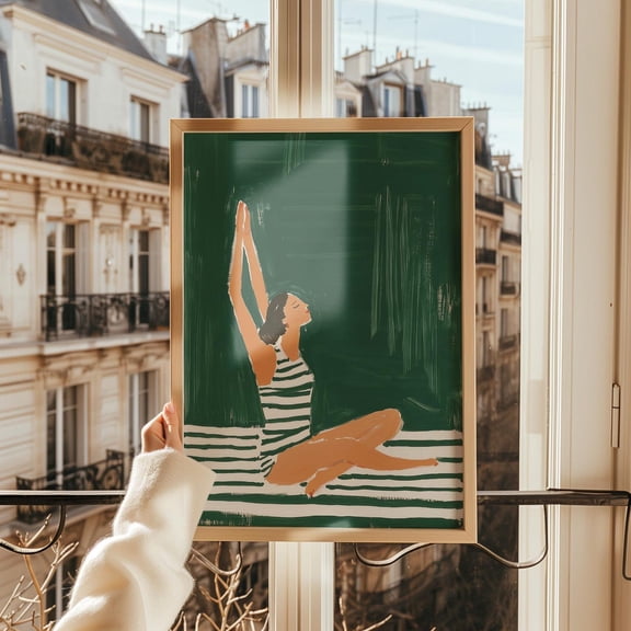 Woman Stretchinggreen Striped Yoga Pose Print, Minimalist Wellness Decor, Relaxing Self Care Illustration Wall Art, Modern Wall Decor, 8x12 UNFRAMED