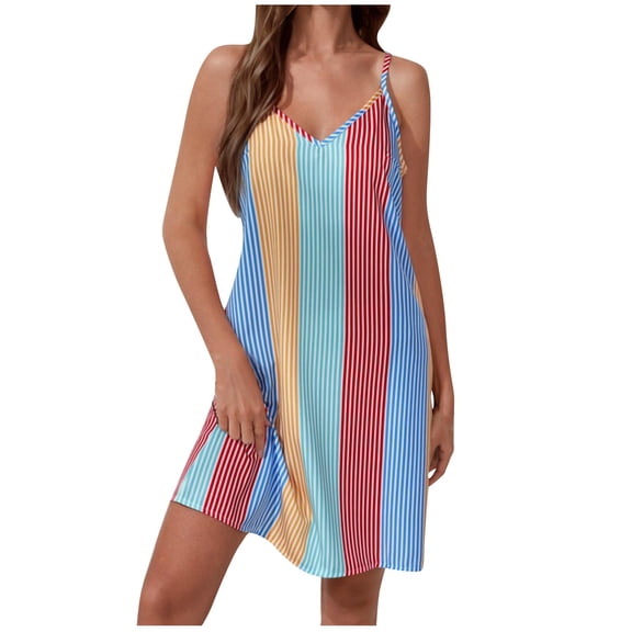 Woman Striped Mini Dress Summer Casual Spaghetti Strap V Neck Camisole Color Block Sleeveless Sling Beach Dress (XL, Light Blue)