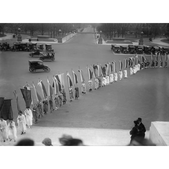 Woman Suffrage Demonstration With Banners At The U.S. Capitol In 1917. View Of The Procession From The Capitol Steps.