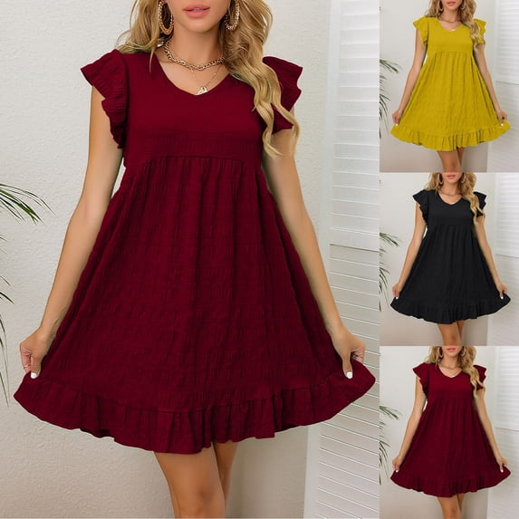 Woman Summer Dress Casual Summer Dresses for Women Fashion Women Summer Casual V-Neck Short Sleeve Ruffled Solid Mini Dress Wine XL