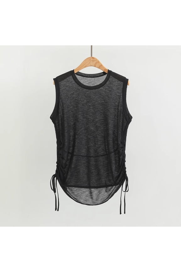 Woman Summer Lightweight Breathable Yoga Sheer Workout Tank Tops Side Drawstring Loose Round Neck Sleeveless Sports Layering Shirt Cami Tank Tops for Women Black L