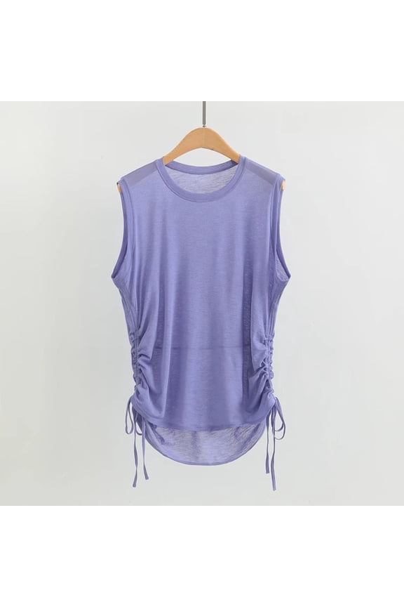 Woman Summer Lightweight Breathable Yoga Sheer Workout Tank Tops Side Drawstring Loose Round Neck Sleeveless Sports Layering Shirt Extra Long Tank Tops for Women Purple L
