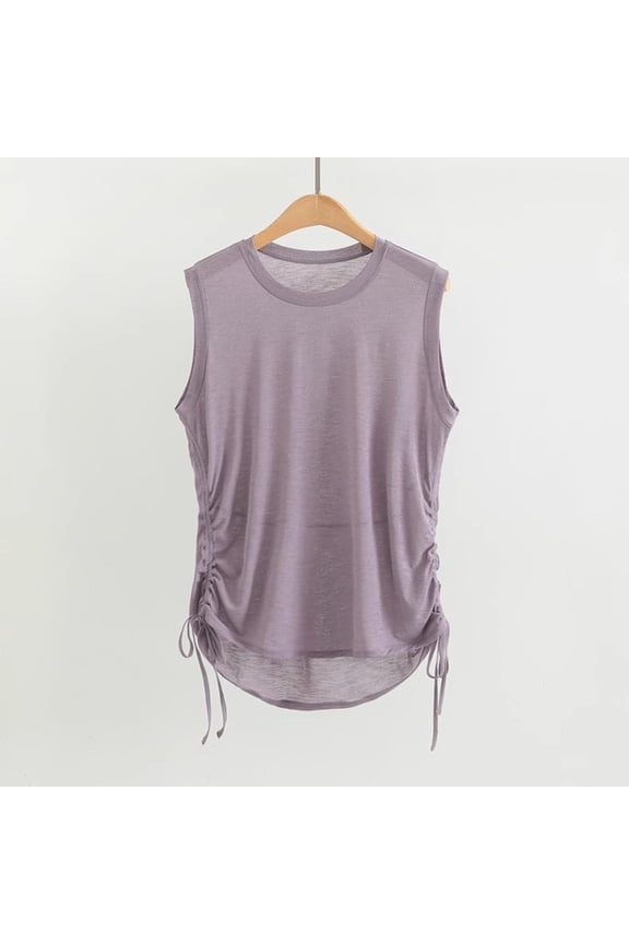 Woman Summer Lightweight Breathable Yoga Sheer Workout Tank Tops Side Drawstring Loose Round Neck Sleeveless Sports Layering Shirt Flowy Crop Tops for Women Gray L