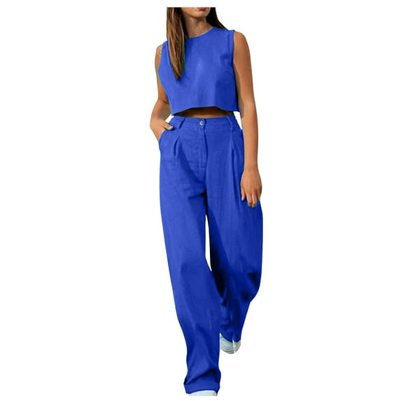 Woman Summer Outfits 2 Piece Spring Sets for Women Clothing Set Female Round Neck Sleeveless Tops Pants Sets Full Pant Style S_556 Women's Tracksuits Blue M