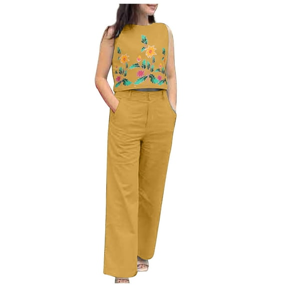 Woman Summer Outfits Summer Vacation Outfits for Women Clothing Set Female Round Neck Sleeveless Tops Pants Sets Trousers Pant Style S_268 Women's Tracksuits Orange 4XL