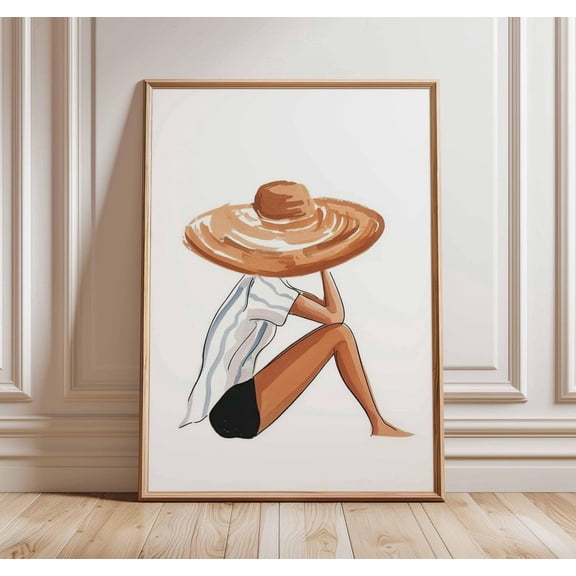 Woman Sun Hat Wall Art Print, Coastal Fashion Artwork, Summer Decor
