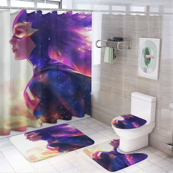 Woman Superhero 4 Pcs Bathroom Shower Curtain Set, Bathroom Sets with Rugs (Bath Mat, U Shape and Toilet Lid Cover Mat) and 12 Hooks,