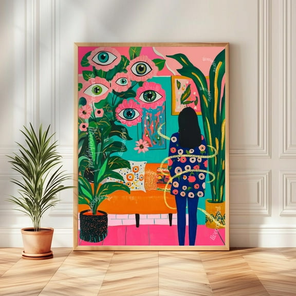 Woman In Surreal Living Room Art Print – Maximalist Boho Wall Decor - Eye Art Print - Surrealist Chic - Pink Eclectic Wall Art Wall Art, Modern Wall Decor, 8x12 UNFRAMED