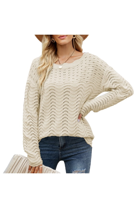 Woman Sweater Pure Color Lace Round Neck Loose Hem Hollow Out Pattern Waving Texture Breathable Sweater Apricot S