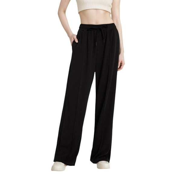 Woman Sweatpants Knitted Wide Leg Sweatpants Mid Rise Straight Fit with Drawstring Ribbed Casual Lounge Pants Black XXL