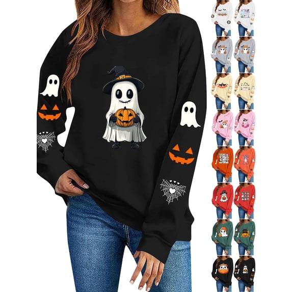 Woman Sweatshirt Dqueduo Women's Halloween Fashion Loose Casual Long Sleeve Hoodless Top Black L