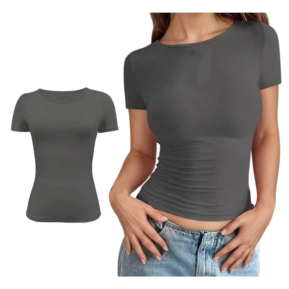 Woman T Shirt Short Sleeve Grey Crew Neck T Shirts Women Slim Fit Summer Clothes Women's Work Tops