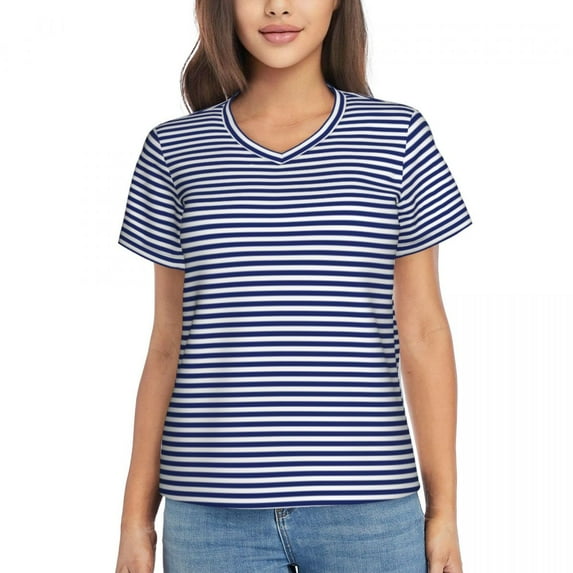Woman T-Shirt Summer Candy Stripes Tshirt Red and White Stripe Elegant T Shirts Short Sleeves V Neck Printed Oversize T