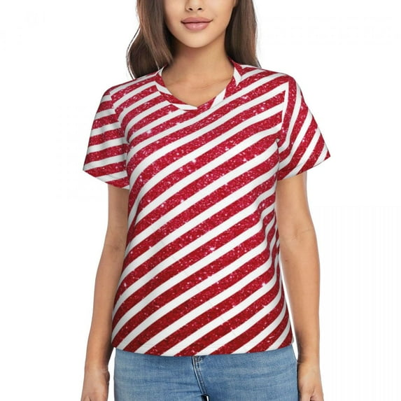Woman T-Shirt Summer Candy Stripes Tshirt Red and White Stripe Elegant T Shirts Short Sleeves V Neck Printed Oversize T