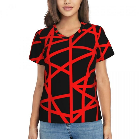 Woman T-Shirt Summer Candy Stripes Tshirt Red and White Stripe Elegant T Shirts Short Sleeves V Neck Printed Oversize T