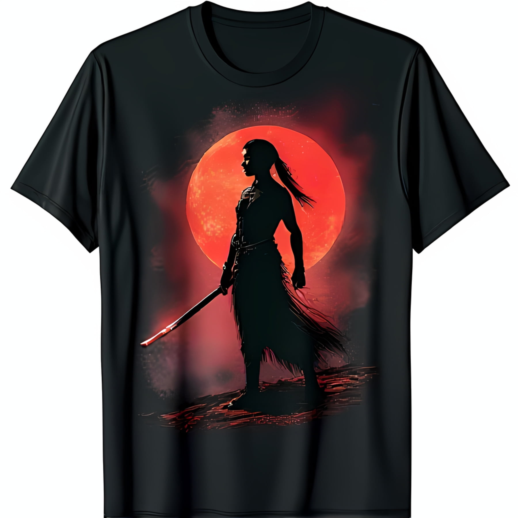 Woman TShirt with Red Moon & Katana Bold Japanese Art Design