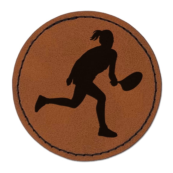 Woman Tennis Player Sports 2.5" Faux Leather Round Engraved Iron-On Patch - Brown