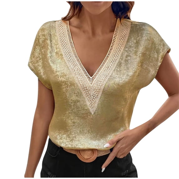 Woman Tops Casual Short Sleeve Tops for WomenWomens Short Sleeve Sexy Summer Tops Lace Trim V Neck Loose Blouses Lightweight Vacation Tops Dressy Casual Shirts