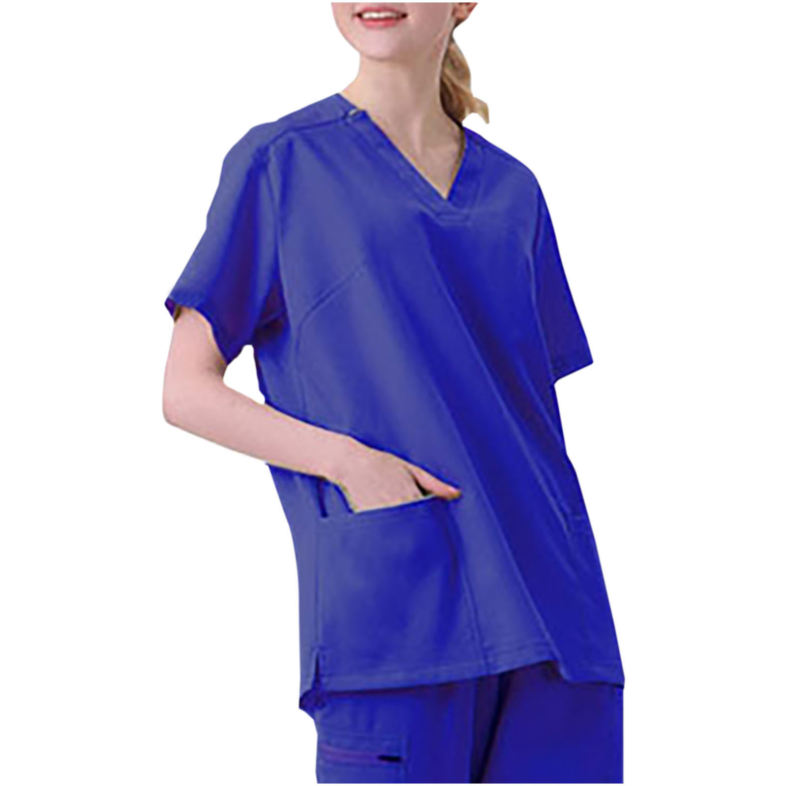 Baikeli Woman Tops Trendy Women's Short Sleeve Shirts Soild Color Scrub Top Loose Fit V Neck