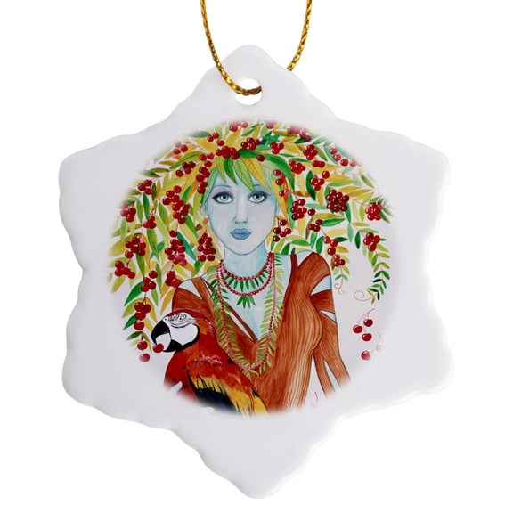 3drose, Woman Tree Cheeries Cherry Tree Parrot Woman Tree Leaves Branches Watercolor, 3 inch Snowflake Porcelain Ornament