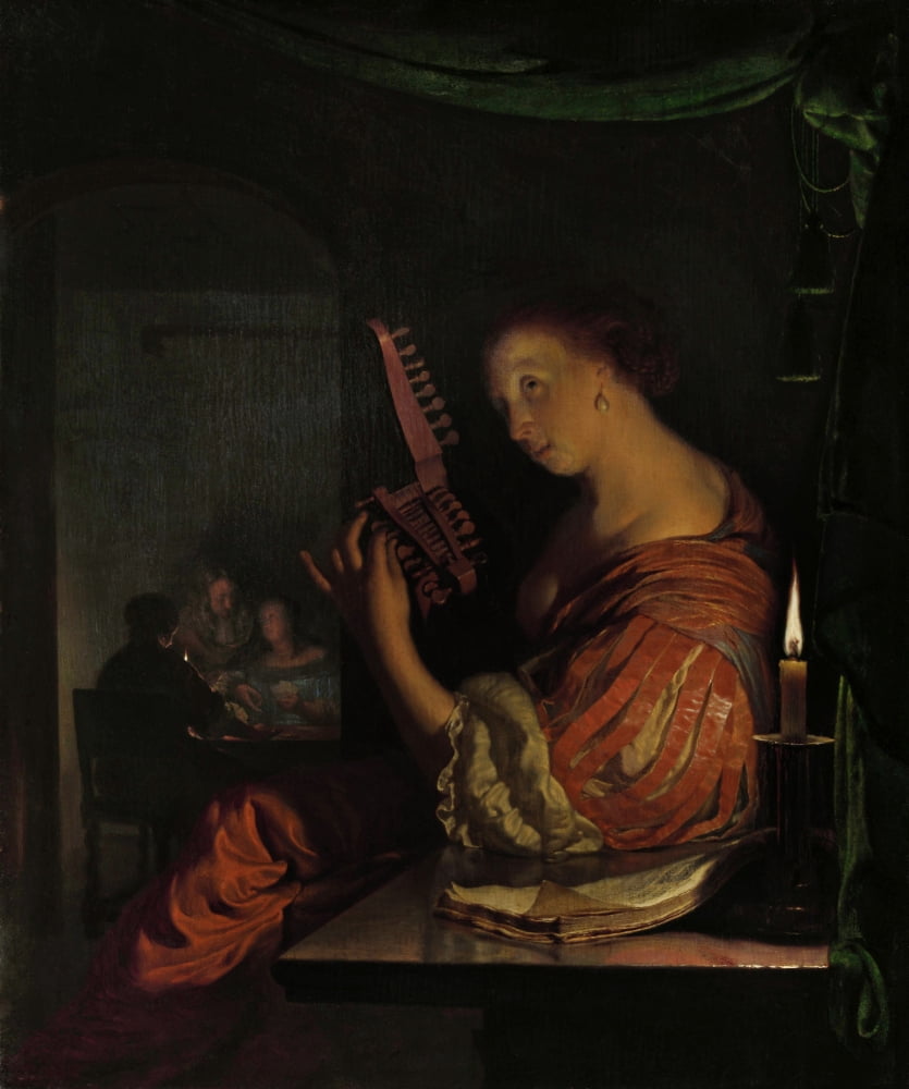 Woman Tuning A Theorbo Canvas Art - (18 x 24)