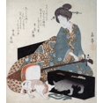 thumbnail image 1 of Woman Tuning a Shamisen & a cat looks at its reflection in lacquerware Poster Print by Gakutei, 1 of 4