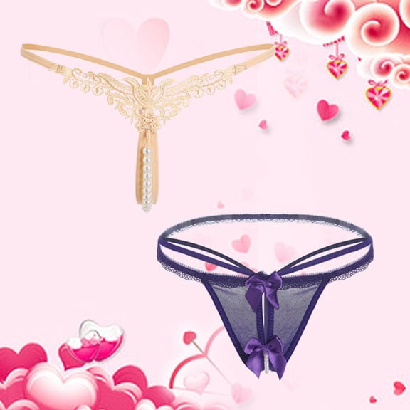 Woman Underwear Cotton 2pack Women Floral Lace Panties Y-Back G-String Thongs Underwear for Valentine's Day Casual Purple One Size