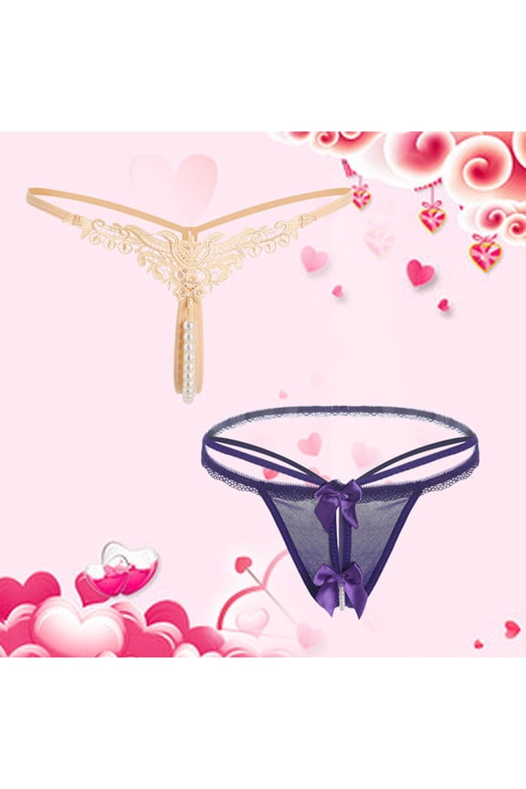 Woman Underwear Cotton 2pack Women Floral Lace Panties Y-Back G-String Thongs Underwear for Valentine's Day Casual Purple One Size