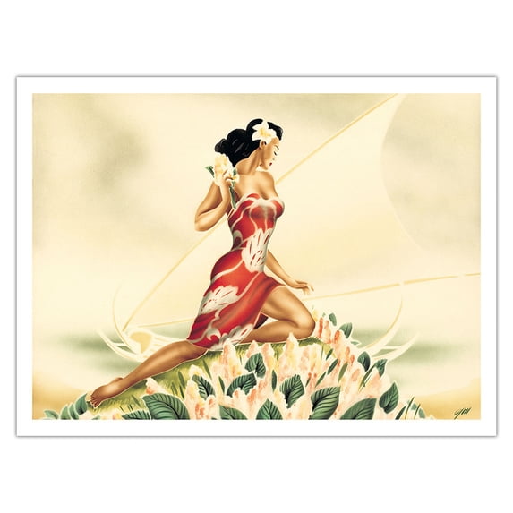 Woman (Wahine) in Red - Outrigger Canoe (Wa’a) - Vintage Hawaiian Airbrush Art by Gill c.1930s - Bamboo Fine Art 290gsm Paper (Unframed) 12x16in