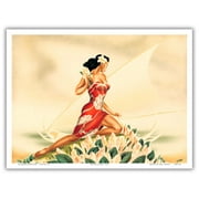 Woman (Wahine) in Red - Outrigger Canoe (Wa’a) - Vintage Hawaiian Airbrush Art by Gill c.1930s - Master Art Print (Unframed) 9in x 12in