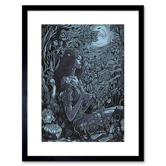 Woman Waiting in a Moonlit Forest Illustration Artwork Framed Wall Art Print 9X7 Inch