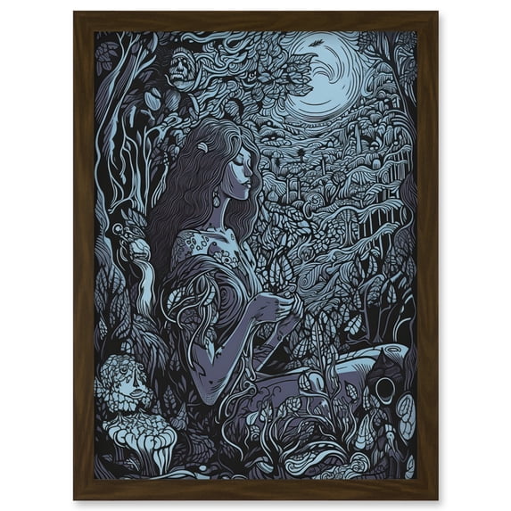 Woman Waiting in a Moonlit Forest Illustration Artwork Framed Wall Art Print A4