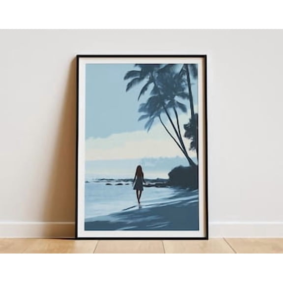 Woman Walking On Beach Silhouette Tropical Palm Trees Ocean Waves Sunset Art Print Wall Decor Hawaiian Vacation Travel Poster, Poster Only